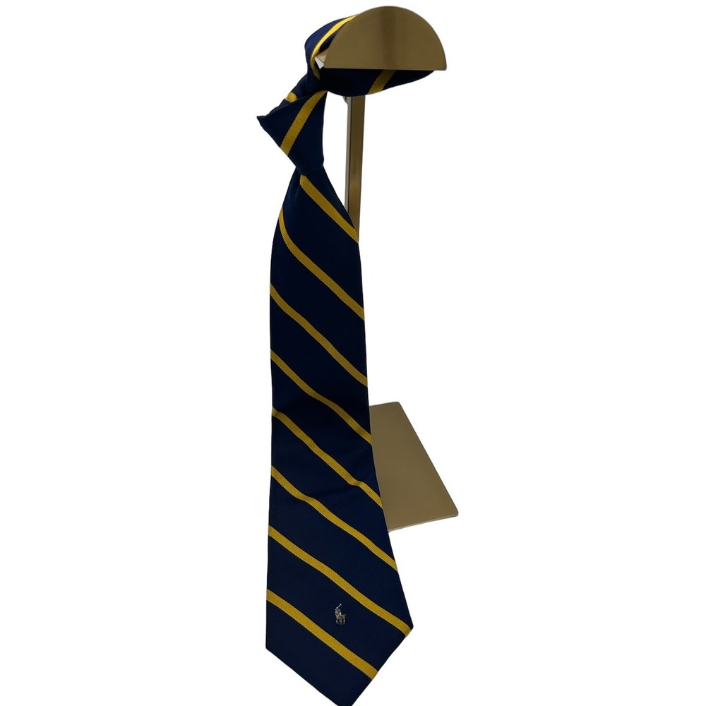 Vintage Polo Ralph Lauren Tie Men's One Size Navy Yellow Striped 100% Silk Pony